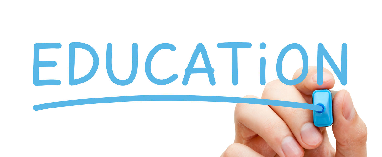 Hand writing the word 'Education' with a blue highlighter